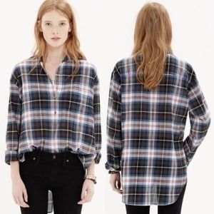 Madewell Wheaton Blue Gray Plaid Collarless Long Sleeve Popover Tunic Top Sz XS